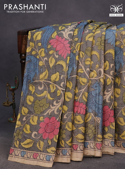 Tussar silk saree grey and beige with allover hand painted pen kalamkari prints and printed border