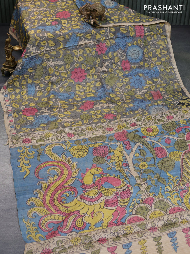 Tussar silk saree grey and beige with allover hand painted pen kalamkari prints and printed border