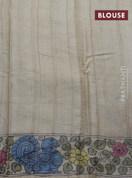 Tussar silk saree grey and beige with allover hand painted pen kalamkari prints and printed border