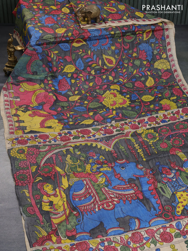 Tussar silk saree grey and maroon beige with allover hand painted pen kalamkari prints and printed border