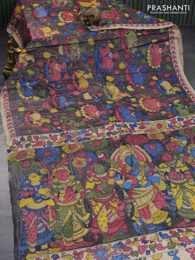 Tussar silk saree grey and beige with allover hand painted pen kalamkari prints and printed border