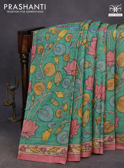 Tussar silk saree teal green shade and maroon shade with allover hand painted pen kalamkari prints and printed border