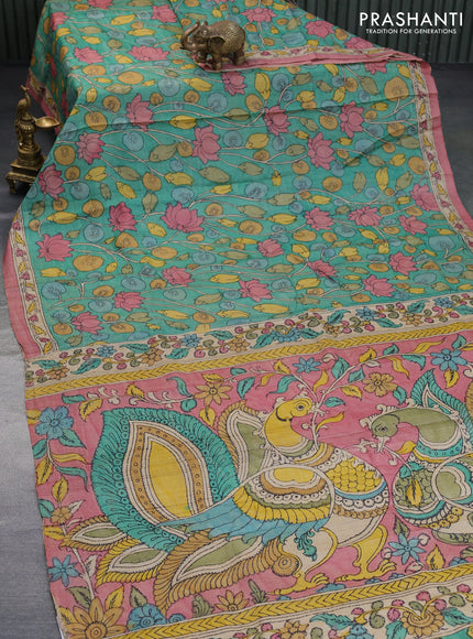 Tussar silk saree teal green shade and maroon shade with allover hand painted pen kalamkari prints and printed border