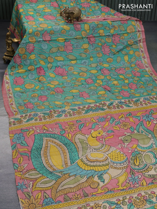 Tussar silk saree teal green shade and maroon shade with allover hand painted pen kalamkari prints and printed border