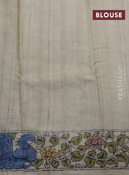 Tussar silk saree teal green shade and maroon shade with allover hand painted pen kalamkari prints and printed border