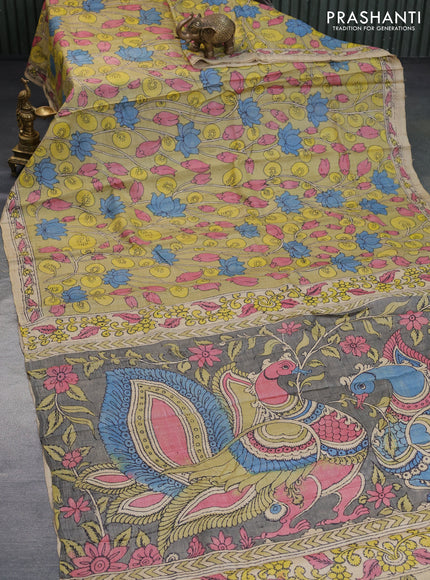 Tussar silk saree elaichi green and beige with allover hand painted pen kalamkari prints and printed border