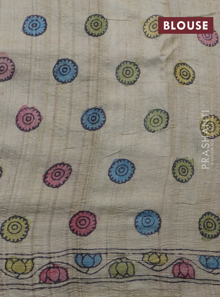 Tussar silk saree elaichi green and beige with allover hand painted pen kalamkari prints and printed border