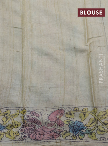 Tussar silk saree pastel blue and beige with allover hand painted pen kalamkari prints and printed border