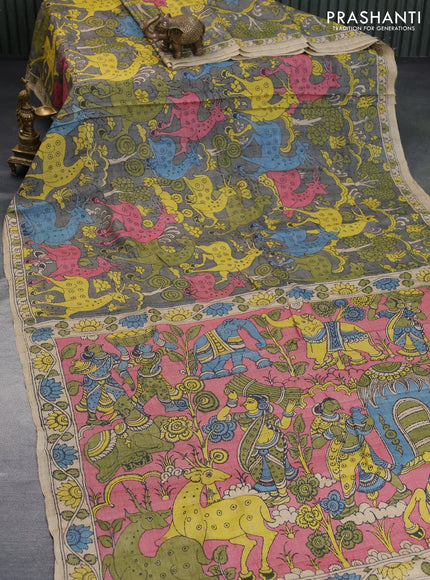 Tussar silk saree grey and green yellow with allover hand painted pen kalamkari prints and printed border