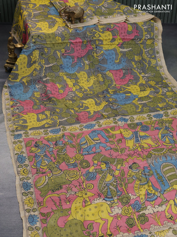 Tussar silk saree grey and green yellow with allover hand painted pen kalamkari prints and printed border