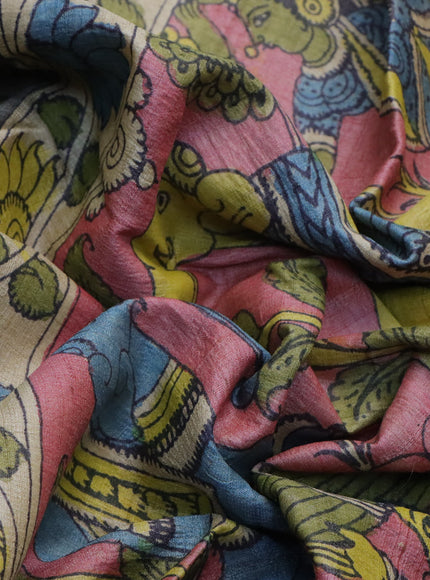 Tussar silk saree grey and green yellow with allover hand painted pen kalamkari prints and printed border