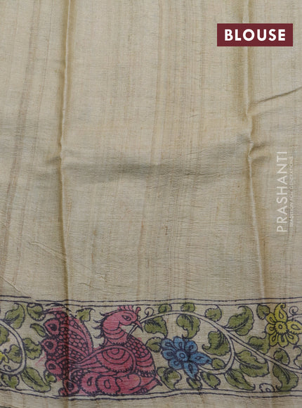 Tussar silk saree grey and green yellow with allover hand painted pen kalamkari prints and printed border