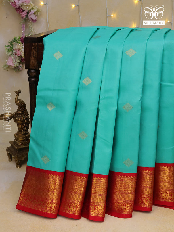 Pure kanchipuram silk saree teal blue and red with zari woven buttas and zari woven korvai border