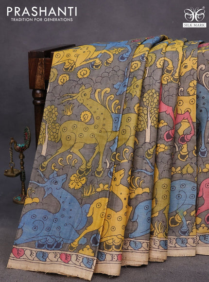 Tussar silk saree grey and beige  with allover hand painted pen kalamkari prints and printed border