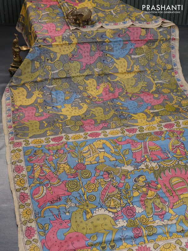 Tussar silk saree grey and beige  with allover hand painted pen kalamkari prints and printed border