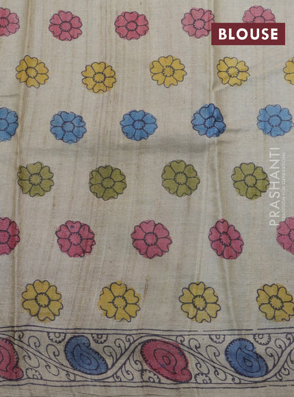 Tussar silk saree grey and beige  with allover hand painted pen kalamkari prints and printed border