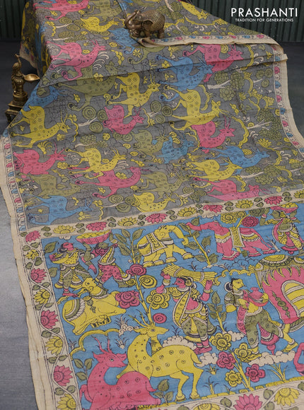 Tussar silk saree grey and pink blue with allover hand painted pen kalamkari prints and printed border