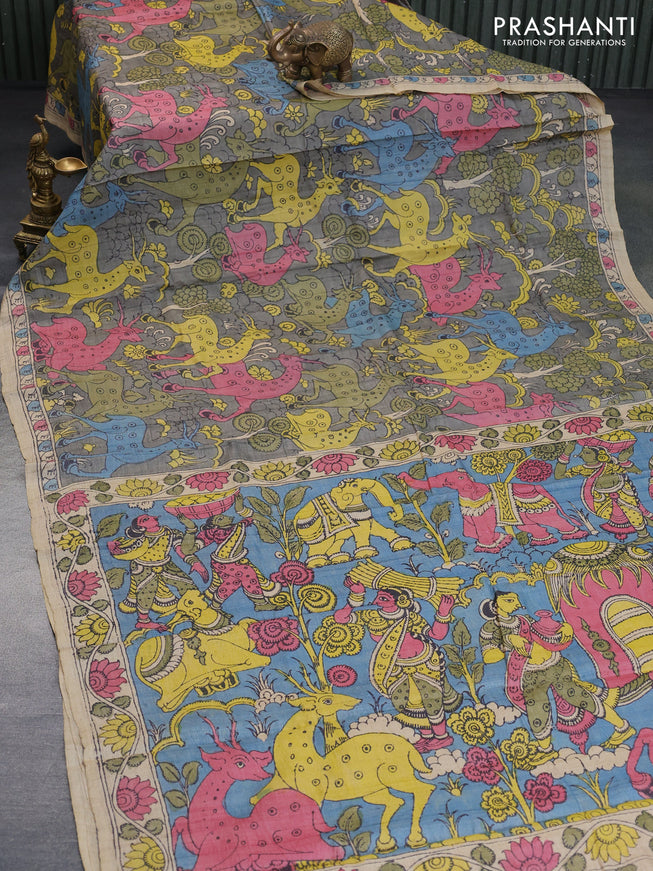 Tussar silk saree grey and pink blue with allover hand painted pen kalamkari prints and printed border