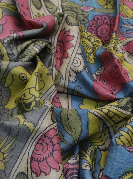 Tussar silk saree grey and pink blue with allover hand painted pen kalamkari prints and printed border