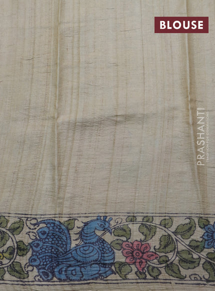 Tussar silk saree grey and pink blue with allover hand painted pen kalamkari prints and printed border