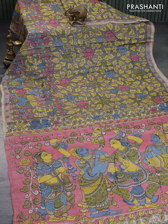 Tussar silk saree grey and beige with allover hand painted pen kalamkari prints and printed border