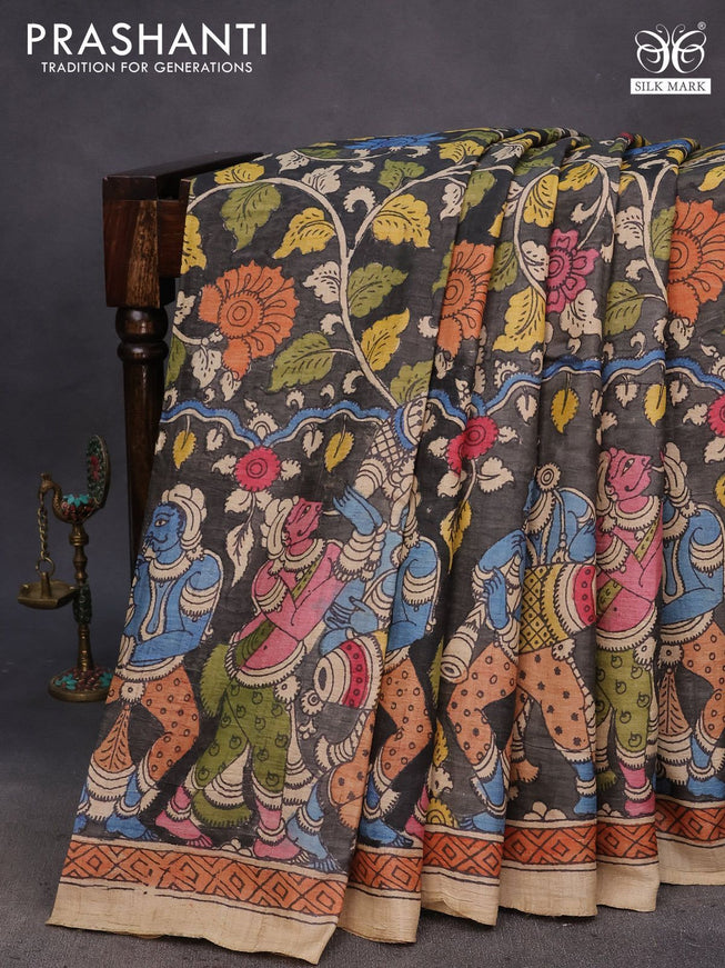 Tussar silk saree grey and pale orange with allover hand painted pen kalamkari prints and printed border