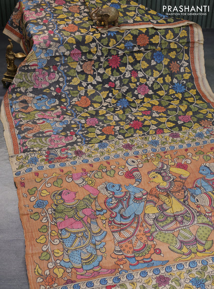 Tussar silk saree grey and pale orange with allover hand painted pen kalamkari prints and printed border