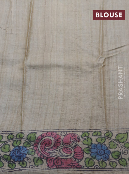 Tussar silk saree grey and green with allover hand painted pen kalamkari prints and printed border