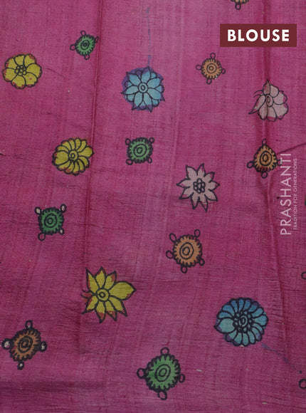 Tussar silk saree grey and beige with allover hand painted pen kalamkari prints and printed border