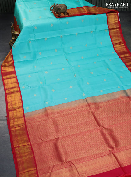 Pure kanchipuram silk saree teal blue and red with zari woven buttas and zari woven korvai border