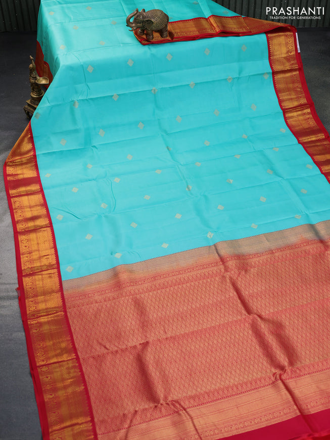 Pure kanchipuram silk saree teal blue and red with zari woven buttas and zari woven korvai border