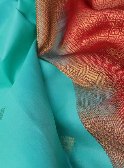 Pure kanchipuram silk saree teal blue and red with zari woven buttas and zari woven korvai border