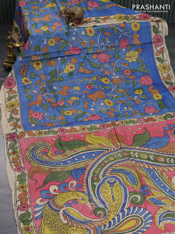 Tussar silk saree blue and beige with allover hand painted pen kalamkari prints and printed border