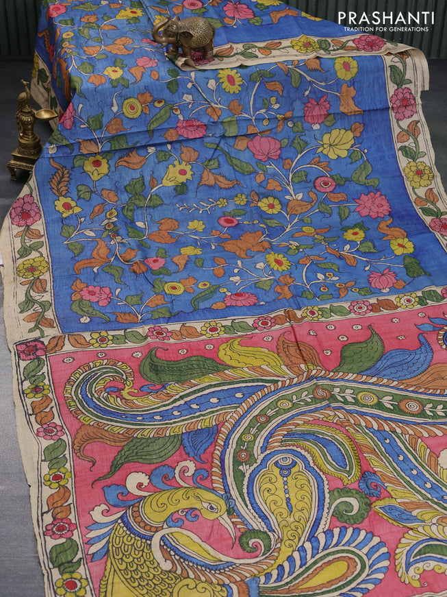 Tussar silk saree blue and beige with allover hand painted pen kalamkari prints and printed border