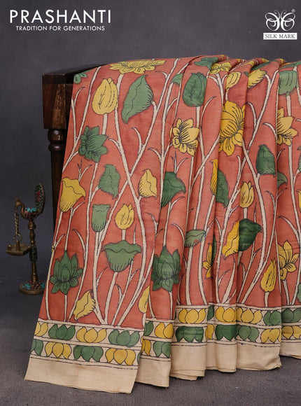 Tussar silk saree rust shade and beige with allover hand painted pen kalamkari prints and printed border