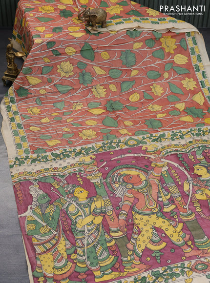 Tussar silk saree rust shade and beige with allover hand painted pen kalamkari prints and printed border