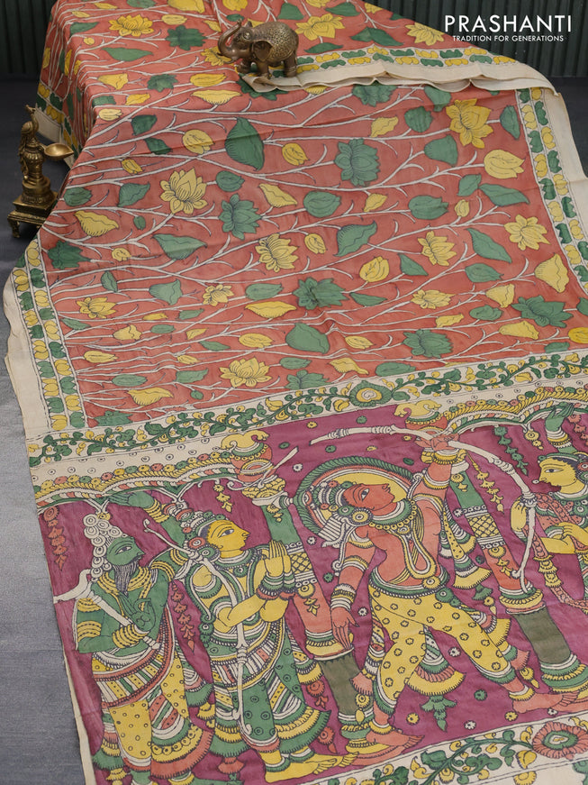 Tussar silk saree rust shade and beige with allover hand painted pen kalamkari prints and printed border