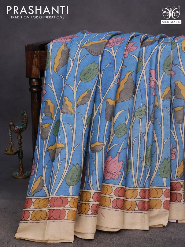 Tussar silk saree blue and beige with allover hand painted pen kalamkari prints and printed border