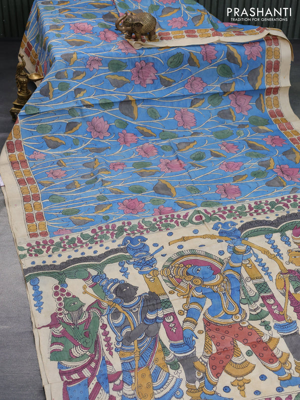 Tussar silk saree blue and beige with allover hand painted pen kalamkari prints and printed border