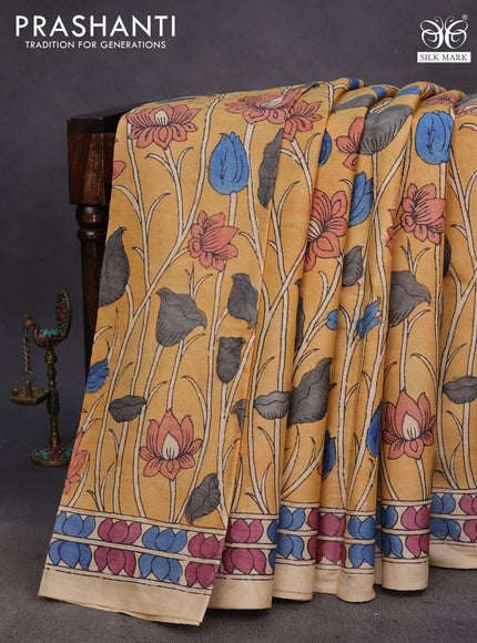 Tussar silk saree mustard shade and beige with allover hand painted pen kalamkari prints and printed border