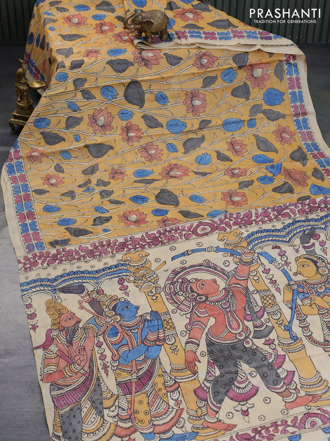 Tussar silk saree mustard shade and beige with allover hand painted pen kalamkari prints and printed border