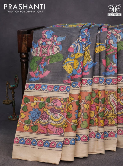 Tussar silk saree dark grey and brown shade with allover hand painted pen kalamkari prints and long printed border