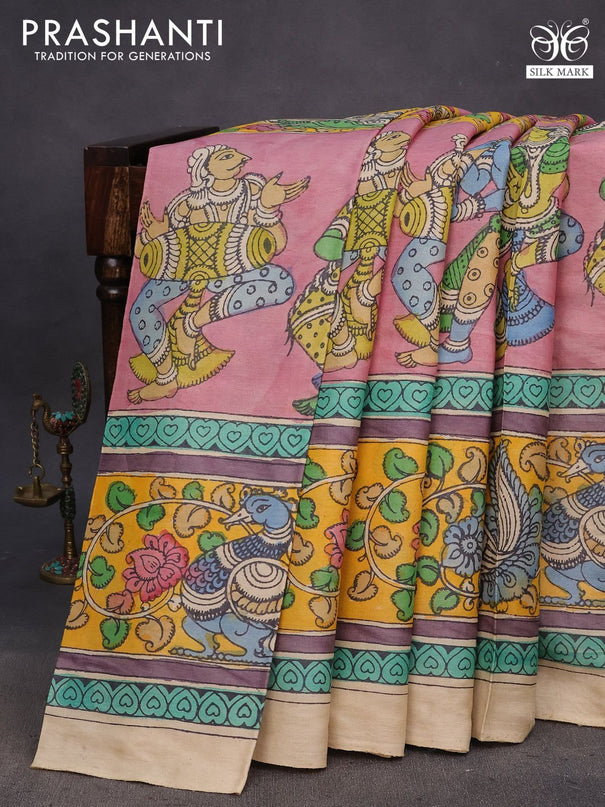 Tussar silk saree pastel pink shade and yellow with allover hand painted pen kalamkari prints and long printed border