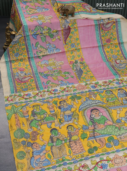 Tussar silk saree pastel pink shade and yellow with allover hand painted pen kalamkari prints and long printed border