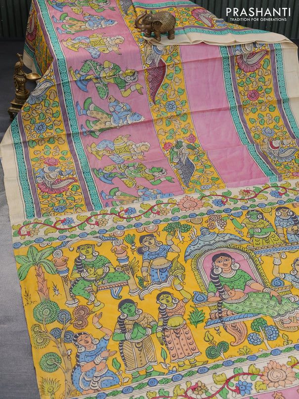 Tussar silk saree pastel pink shade and yellow with allover hand painted pen kalamkari prints and long printed border