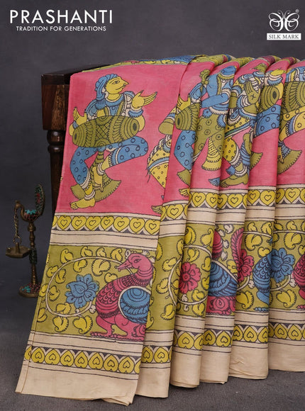 Tussar silk saree beige pink and lime green with allover hand painted pen kalamkari prints and long printed border