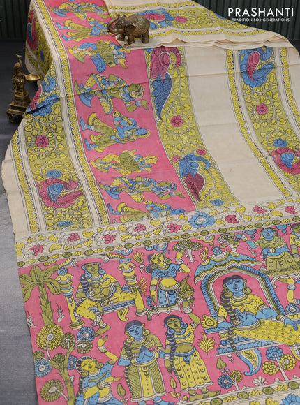 Tussar silk saree beige pink and lime green with allover hand painted pen kalamkari prints and long printed border