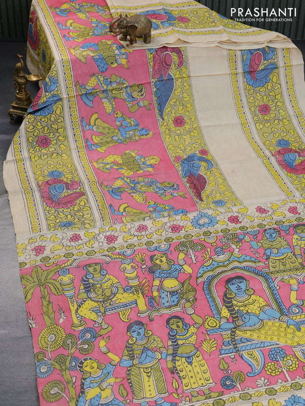 Tussar silk saree beige pink and lime green with allover hand painted pen kalamkari prints and long printed border