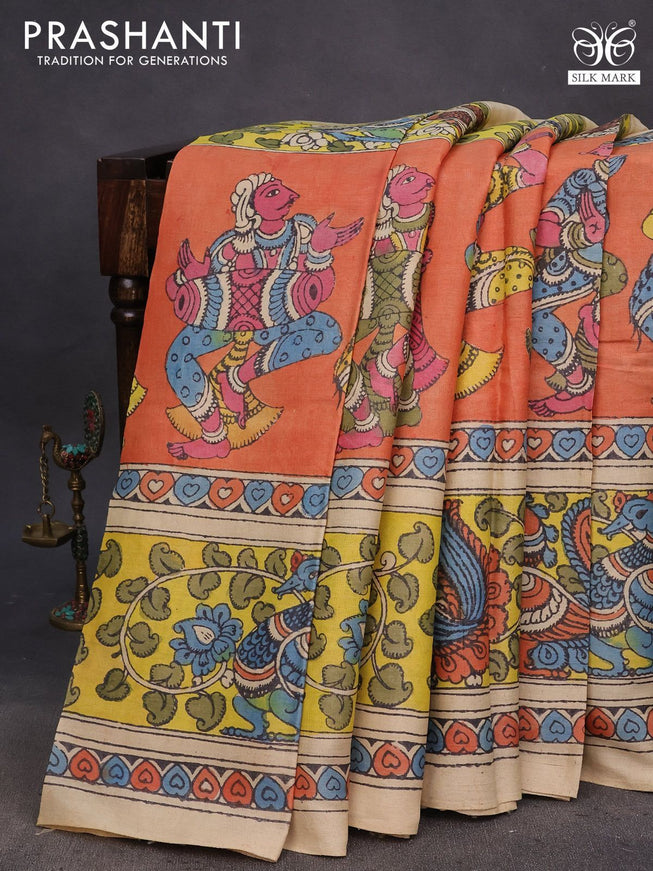 Tussar silk saree beige oarnge shade and yellow with allover hand painted pen kalamkari prints and long printed border