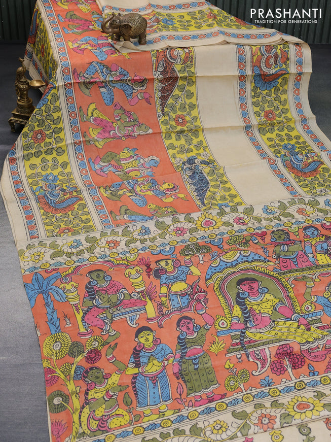 Tussar silk saree beige oarnge shade and yellow with allover hand painted pen kalamkari prints and long printed border